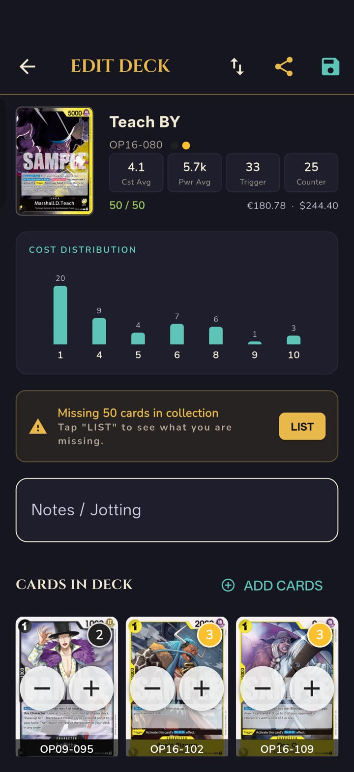 Deck builder with live cost distribution, deck value and card list