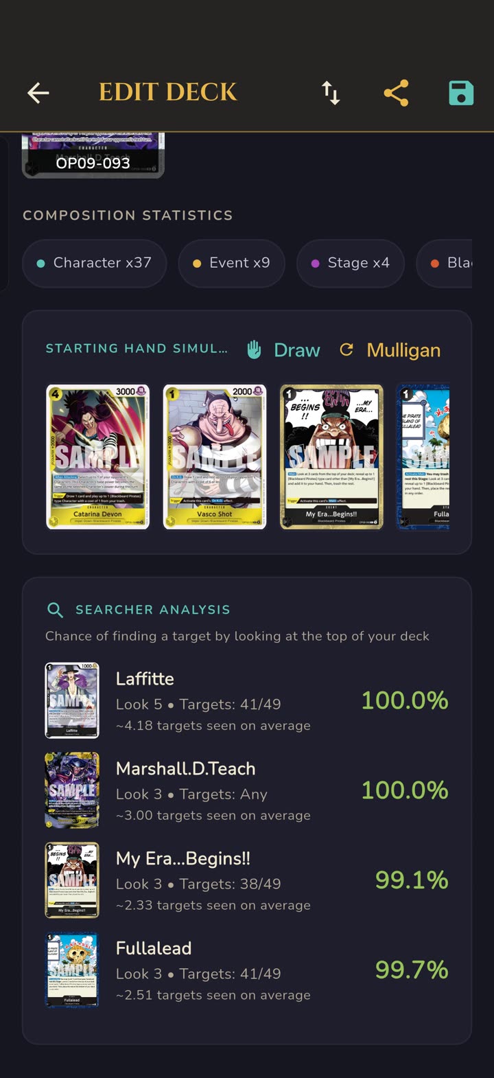 Deck testing tools: starting hand simulator and searcher analysis with hit probabilities