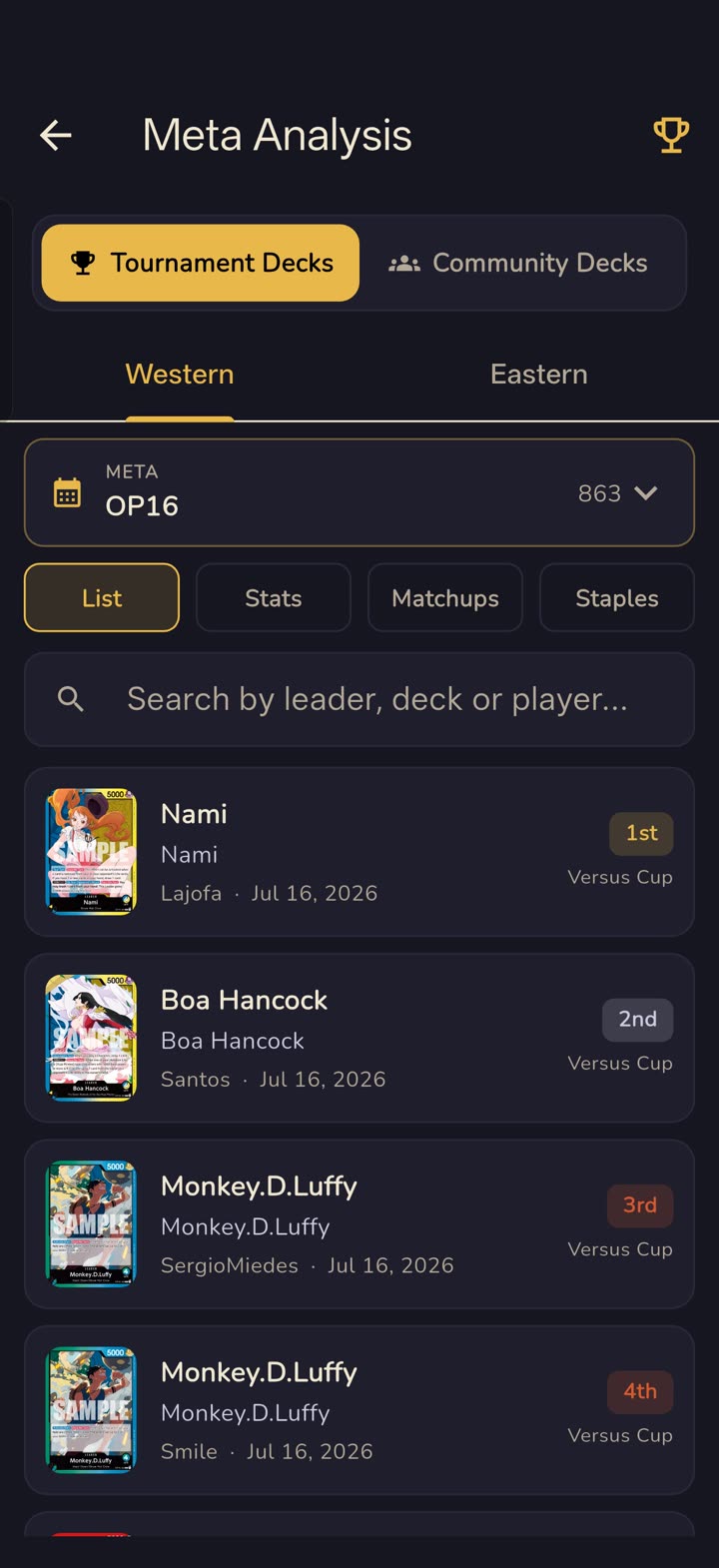 Meta analysis screen listing top tournament decks with placements