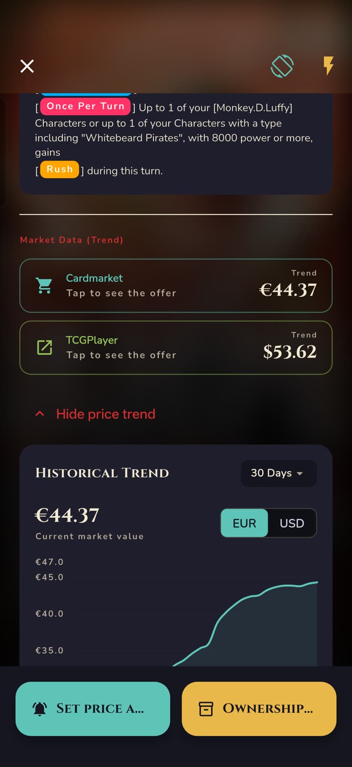 Card price screen with Cardmarket and TCGPlayer trends and 30-day history chart